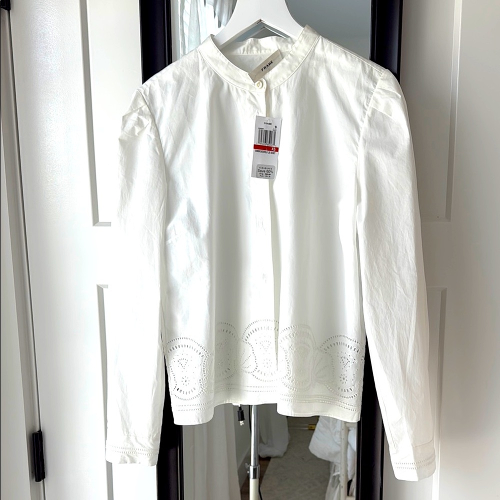 Frame White Poplin Button-Neck Blouse